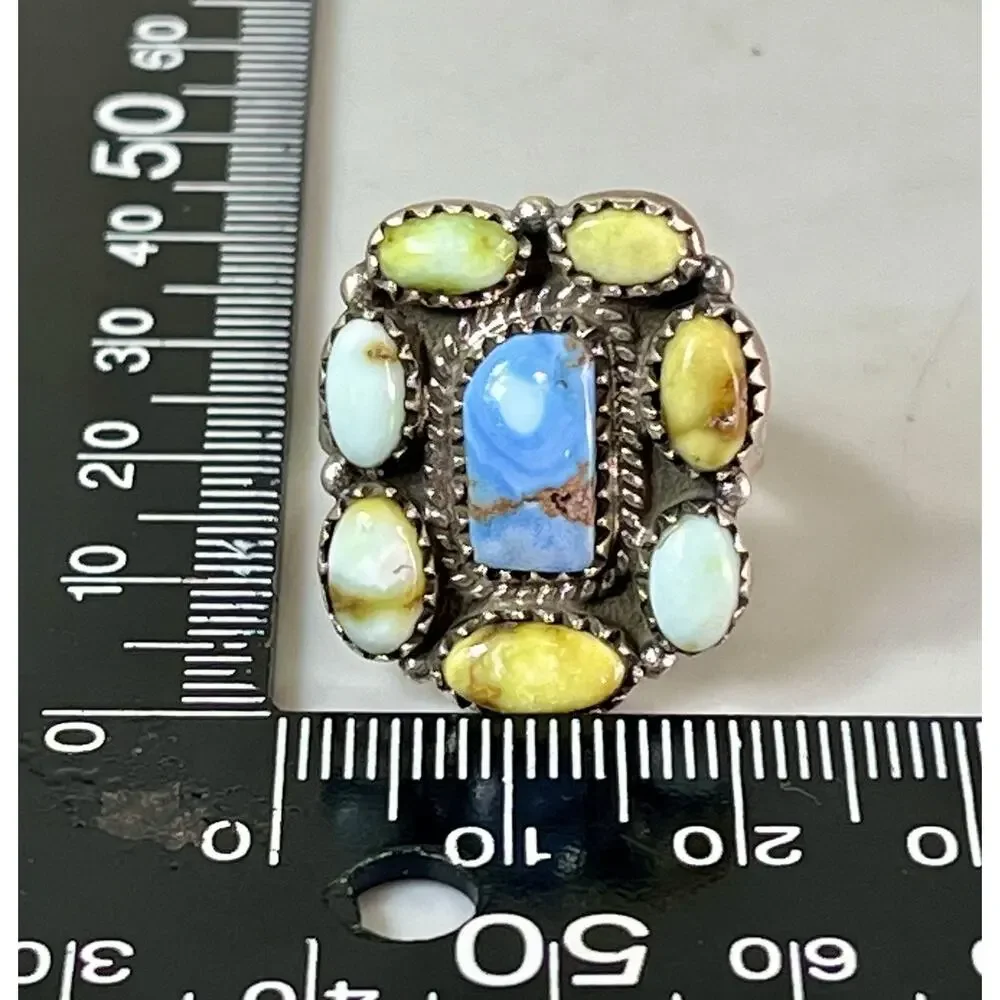 Southwestern Sterling Silver Mixed Turquoise Cluster Statement Ring Adjust Size